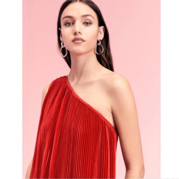 Free People Chelsea Pleated Gown one shoulder red shiny flowy dress size large - Picture 3 of 11